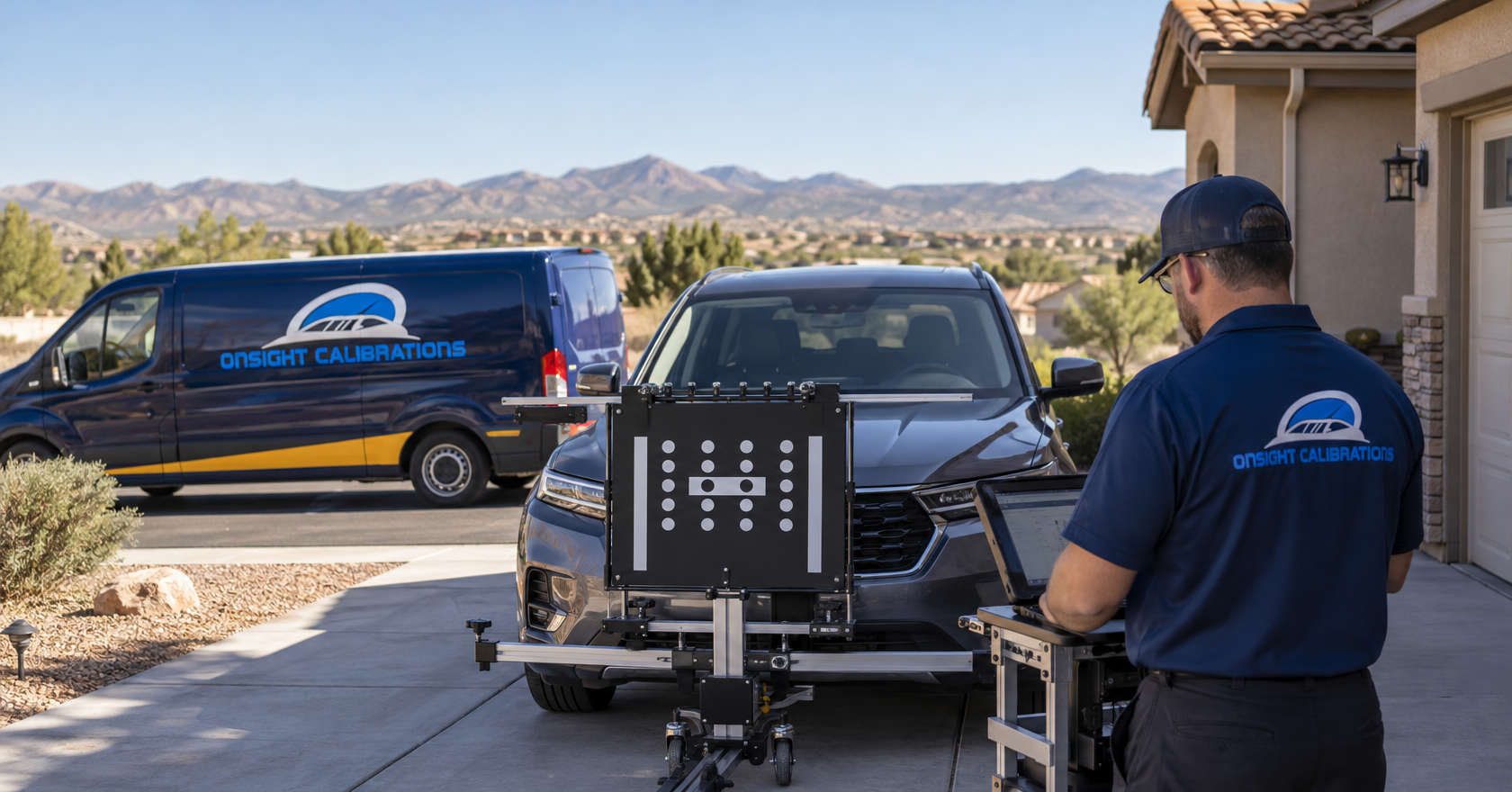 Onsight mobile ADAS calibration setup in a residential driveway